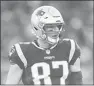  ?? MADDIE MEYER/GETTY ?? The Patriots’ Rob Gronkowski looks on during the first half Sunday against the Bills at Gillette Stadium.