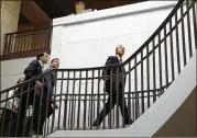  ?? JACQUELYN MARTIN / AP ?? Rep. Adam Schiff, D-Calif. (right), walks with Rep. Eric Swalwell, D-Calif., and Rep. James Himes, D-Conn., during a break in a House committee interview of former White House strategist Steve Bannon.