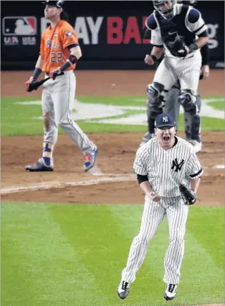  ?? Frank Franklin II Associated Press ?? THE YANKEES’ Masahiro Tanaka reacts after striking out Josh Reddick to end the fifth inning.