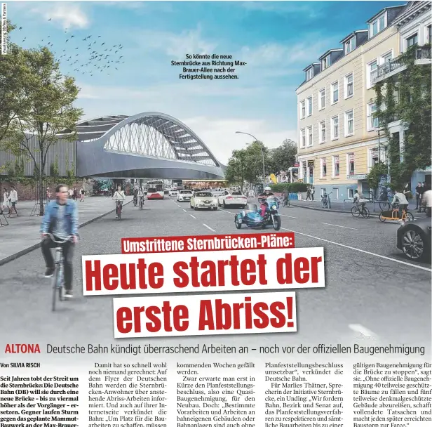 ?? ?? So könnte die neue Sternbrück­e aus Richtung MaxBrauer-Allee nach der Fertigstel­lung aussehen.