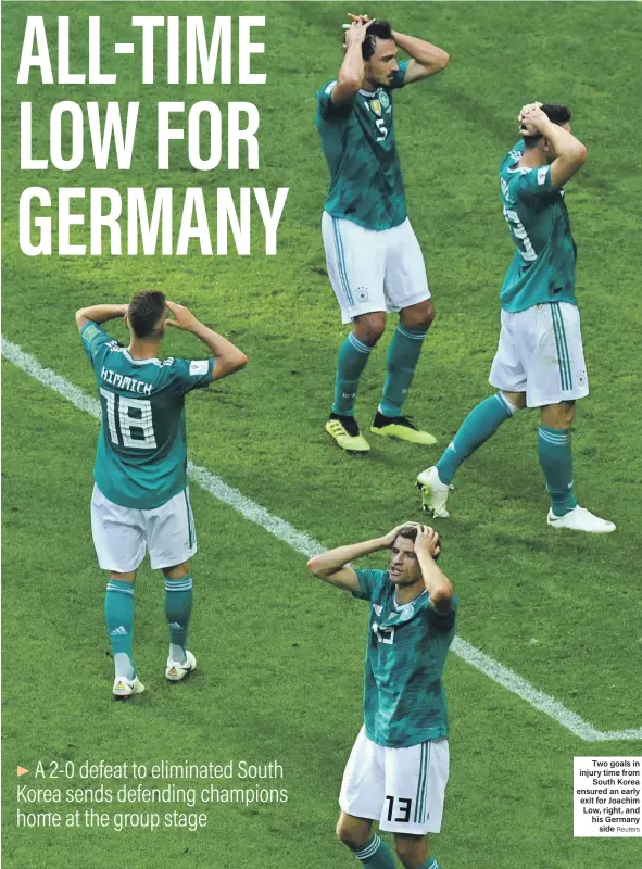  ?? Reuters ?? Two goals in injury time from South Korea ensured an early exit for Joachim Low, right, and his Germany side