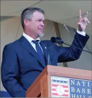  ?? HANS PENNINK / The Associated Press ?? Chipper Jones gestures to the crowd during his Hall of Fame induction speech on Sunday.