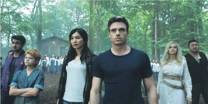  ?? Photos Marvel Studios ?? From left, Kingo (Kumail Nanjiani), Sprite (Lia McHugh), Sersi (Gemma Chan), Ikaris (Richard Madden), Thena (Angelina Jolie) and Gilgamesh (Don Lee) in ‘Eternals’