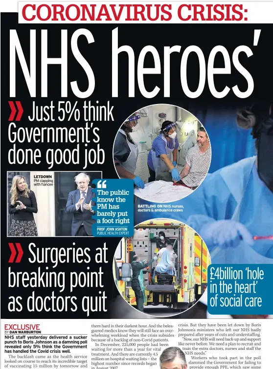  ??  ?? LETDOWN PM clapping with fiancee
BATTLING ON NHS nurses, doctors & ambulance crews