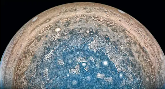  ?? PHOTO: NASA ?? Huge cyclones are scattered across Jupiter’s south pole in this image from Nasa’s Juno space probe.