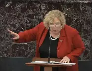  ?? SENATE TELEVISION ?? House impeachmen­t manager Rep. Zoe Lofgren speaks during the Senate trial Wednesday.