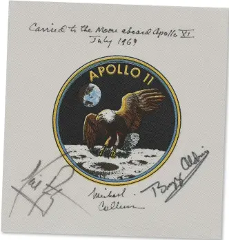  ??  ?? ABOVE An emblem that was carried to the moon aboard Apollo 11 and signed by Neil Armstrong, Michael Collins and Buzz Aldrin fetched $68,750 BELOW Oil on board artwork by Chesley Bonestell c1967 that sold for $ 43,750