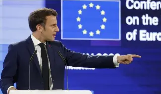  ?? ?? French president Emmanuel Macron gestures as he delivers a speech during the Conference on the Future of Europe, in Strasbourg, eastern France, Monday, May 9, 2022.