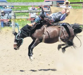  ?? PHOTOS: HAMISH MACLEAN ?? Testing . . . (Clockwise from right) Hadlee Knight, of Wanaka, competes in the 2nd Div bareback at the Omarama Rodeo yesterday; Kim Richards, of Hyde, competes in the open barrel race; Bo (2) catches up with mum, Stina Robinson, of Dunback, after she competed in the 2nd Div barrel racing and Omarama cowboy Wyatt McAughtrie rides Ace of Spades.