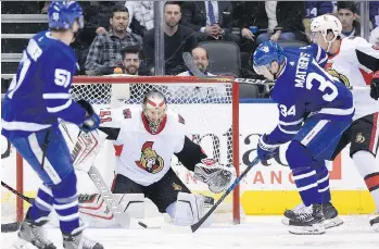  ?? FRANK GUNN/THE CANADIAN PRESS ?? Ottawa goalie Craig Anderson makes a save on Maple Leafs centre Auston Matthews during a 4-3 Senators victory on Wednesday night. Matthews has just two power-play goals this season.