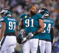  ?? MATT ROURKE/AP ?? The Eagles defense had trouble stopping Washington in Monday’s night’s loss. They brought in Ndamukong Suh and Linval Joseph to help Fletcher Cox, center, and the rest of the defensive line.