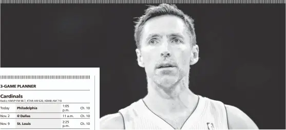  ?? Radio: KMVP-FM 98.7, KTAR-AM 620, KBMB-AM 710
Radio: KMVP-FM 98.7
DANNY MOLOSHOK/AP ?? The Los Angeles Lakers announced Thursday that guard Steve Nash has been ruled out for the upcoming season with a back injury, putting the two-time NBA MVP’s career in doubt.