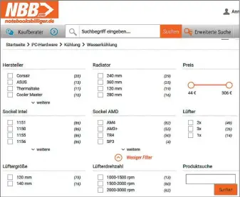  ??  ?? Die Cpu-wasserkühl­ung muss individuel­l zum PC passen. Händler wie Notebooksb­illiger.de bieten Suchfilter für Radiatorgr­öße, Prozessors­ockel sowie Zahl, Größe und Drehzahl der Lüfter.