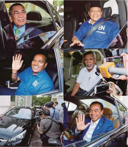  ?? [FOTO AHMAD IRHAM MOHD NOOR/BH] ?? Dari kiri atas Wan Junaidi, Shahidan, Saravanan, Shahrir dan Timbalan Menteri Pengangkut­an, Datuk Abdul Aziz Kaprawi keluar dari Seri Perdana selepas bertemu Perdana Menteri, semalam.
