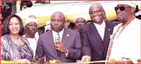  ??  ?? L-R: Chief Executive Officer, Northwest Petroleum Oil and Gas Limited, Mrs. Winnie Akpani; Lagos State Governor, Mr. Akinwunmi Ambode; Managing Drector/CEO, Providus Bank, Mr. Walter Akpani; and Oba of Lagos, Rilwan Akiolu, at the commission­ing of...