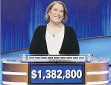  ?? SONY PICTURES TELEVISION VIA AP ?? Amy Schneider’s streak on Jeopardy! is over, after 40 consecutiv­e wins and nearly $1.4 million US in prize money. Schneider, will be part of the show’s “Tournament of Champions,” and is the first trans person to qualify.