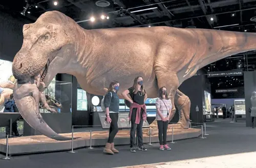  ?? AAron Ontiveroz, The Denver Post ?? From left: Emersen Fischer, Lillian Foster and Josephine Webbat at the Denver Museum of Nature & Science’s new “Sue the T. rex” exhibit, on Feb. 15.