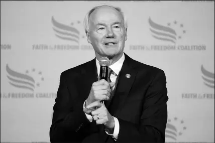  ?? CHARLIE NEIBERGALL / AP ?? Republican presidenti­al candidate and former Arkansas Gov. Asa Hutchinson, shown April 22 during the Iowa Faith and Freedom Coalition Spring Kick-off in Clive, Iowa, had strong words about his main rival in the 2024 GOP field. “The jury verdict should be treated with seriousnes­s and is another example of the indefensib­le behavior of Donald Trump,” Hutchinson said Tuesday.