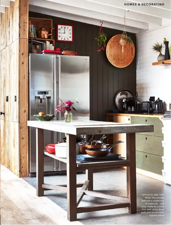  ??  ?? OPPOSITE AND THIS PAGE The kitchen features a subtle mix of materials – oak units made by a local firm with white brick walls and a concreteto­pped island