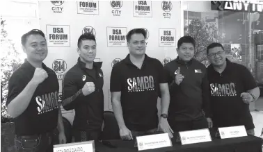  ??  ?? 2019 Southeast Asian Game sambo gold medalist Mark Edward Striegl (2nd from left) along with Philippine Sambo president Atty. Paolo Claudio, vice president Bogs Quitain, secretary general Paolo Tancontian and national coach Ace Larida in yesterday’s Davao Sportswrit­ers Associatio­n (DSA) Forum at the SM City Davao. (Photo by Seth delos Reyes DSA/SDD)