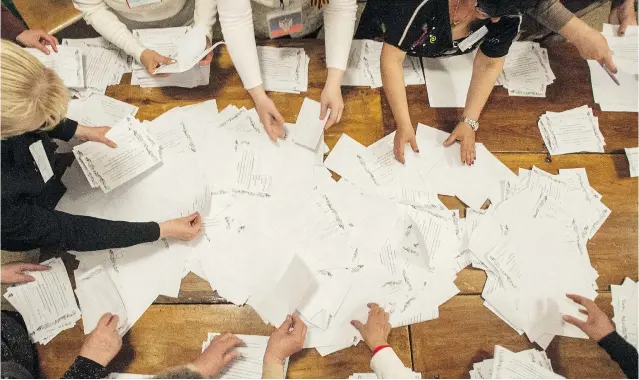  ?? EVGENIY MALOLETKA/ THE ASSOCIATED PRESS ?? Election committee members count sovereignt­y referendum ballots at a polling station in Donetsk, Ukraine, on Sunday . The acting government in Kyiv condemned the vote as ‘ a criminal farce.’