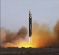  ?? (AP/Korea News Service/Korean Central News Agency) ?? This photo shows the test-firing of a missile Friday at Pyongyang Internatio­nal Airport in Pyongyang, North Korea.