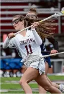  ?? ?? Burnt Hills sophomore Julia Frederick winds up for a shot against Averill Park. Frederick had two goals.