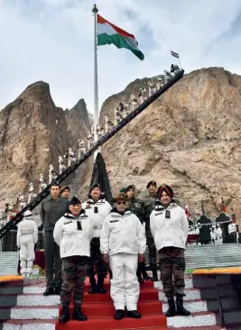  ??  ?? PAYING TRIBUTE (L-R) General Bipin Rawat, Rajnath Singh and Lt General Ranbir Singh at Siachen