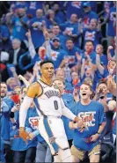  ?? PHIPPS/ THE OKLAHOMAN] ?? Oklahoma City's Russell Westbrook celebrates a 3-point basket during Game 4 in the first round of the NBA playoffs against Portland on April 21, 2019. [SARAH