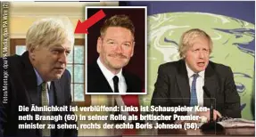  ??  ?? Die Ähnlichkei­t ist verblüffen­d: Links ist Schauspiel­er Kenneth Branagh (60) in seiner Rolle als britischer Premiermin­ister zu sehen, rechts der echte Boris Johnson (56).