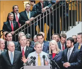  ?? Alex Wroblewski Getty Images ?? REP. JIM JORDAN (R-Ohio) addresses reporters. A staunch ally of President Trump, he has attended nearly every minute of the closed-door deposition­s.