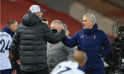  ?? Photograph: Mark Cosgrove/News Images/Shuttersto­ck ?? José Mourinho shakes hands with Jürgen Klopp after last month’s game at Anfield which Liverpool won 2-1 thanks to Roberto Firmino’s late goal.