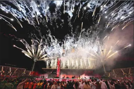  ?? ?? Fireworks illuminate the sky during the Commonweal­th Games closing ceremony at the Alexander stadium in Birmingham, England. (AP)