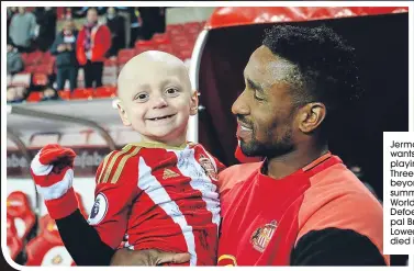  ??  ?? Jermain Defoe wants to keep playing for the Three Lions beyond next summer’s World Cup. Left, Defoe with wee pal Bradley Lowery, who died in July