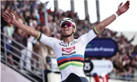  ?? ?? Mathieu van der Poel crosses the finish line to win the 121st edition of the Paris-Roubaix one-day classic. Photograph: Anne-Christine Poujoulat/AFP/Getty Images