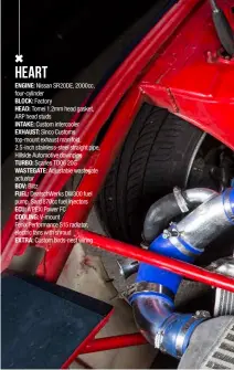  ??  ?? HEART ENGINE: Nissan SR20DE, 2000cc, four-cylinder BLOCK: Factory HEAD: Tomei 1.2mm head gasket, ARP head studs INTAKE: Custom intercoole­r EXHAUST: Sinco Customs top-mount exhaust manifold, 2.5-inch stainless-steel straight pipe, Hillside Automotive...