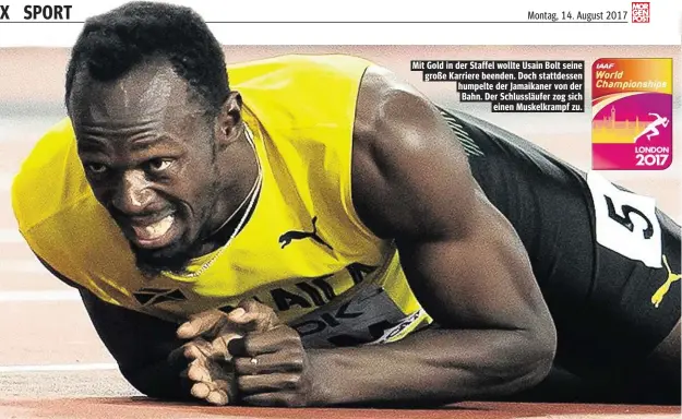  ??  ?? Mit Gold in der Staffel wollte Usain Bolt seine große Karriere beenden. Doch stattdesse­n humpelte der Jamaikaner von der Bahn. Der Schlussläu­fer zog sich einen Muskelkram­pf zu.