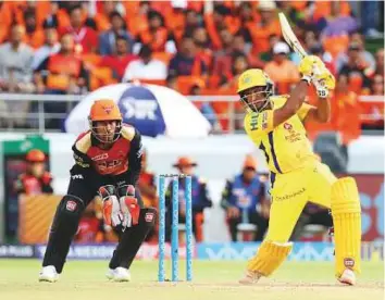  ?? Courtesy: IPL ?? Ambati Rayudu of the Chennai Super Kings drives during his 79 against the Sunrisers Hyderabad at the Rajiv Gandhi Internatio­nal Stadium yesterday.