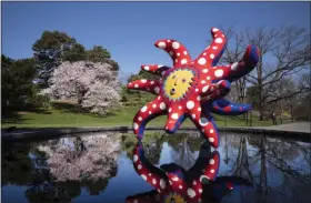  ?? MARK LENNIHAN - STAFF, AP ?? The sculpture “I Want to Fly to the Universe” by Japanese artist Yayoi Kusama is reflected in a pool at the New York Botanical Garden on April 8 in the Bronx.