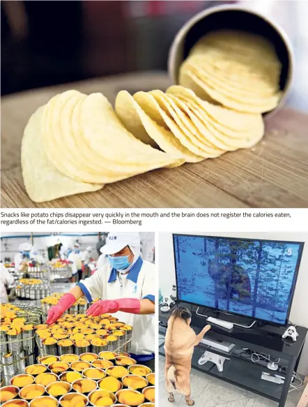  ?? — Bloomberg — AFP — CHRIS CHAN ?? Snacks like potato chips disappear very quickly in the mouth and the brain does not register the calories eaten, regardless of the fat/calories ingested. Factories are now mass producing food that are safer for consumptio­n, tasty and convenient. The...