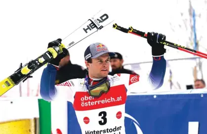  ??  ?? France’s Alexis Pinturault celebrates winning an alpine ski, men’s World Cup giant slalom, in Hinterstod­er, Austria. Photo: AP