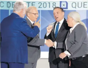  ?? RYAN REMIORZ / THE CANADIAN PRESS FILES ?? Left to right: Liberal leader Philippe Couillard, PQ leader Jean-François Lisée, CAQ leader François Legault and Québec Solidaire leader Manon Massé at the English debate this month.
