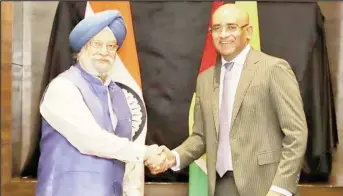  ?? ?? Vice President Bharrat Jagdeo Singh (right) meeting India’s Minister of Petroleum and natural gas Hardeep Sing Puri