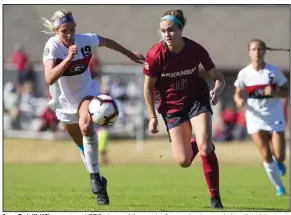  ?? (Special to the NWA Democrat-Gazette/David Beach) ?? Anna Podojil (16) was named SEC player of the week after scoring two goals in a 4-1 victory over Kentucky on Sunday. Podojil, who was named SEC newcomer of the year last season, has scored 16 goals in 25 career games at Arkansas.