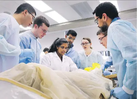  ?? DAN JANISSE ?? Anatomist Anna Farias, centre, instructs second-year medical students in a class at the Schulich School of Medicine and Dentistry in Windsor.