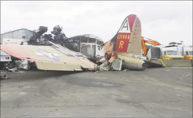  ?? Associated Press ?? This image taken from video provided by the National Transporta­tion Safety Board shows damage from a World War IIera B17 bomber that crashed on Oct. 2 at Bradley Internatio­nal Airport in Windsor Locks.