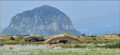  ?? ?? 알뜨르비행장.산방산과20여 기격납고가이색적인풍­광을연출한다.