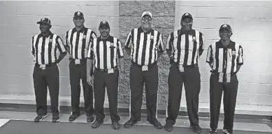  ?? ?? Referees who were barricaded in a locker room after a game are, from left, Nathaniel O’neal, D’juan Hammonds, Christophe­r Mccaleb, Ronald Wilson, Gregory Moore and Keith Dalton. James Kakos is not PICTURED.SUBMITTED