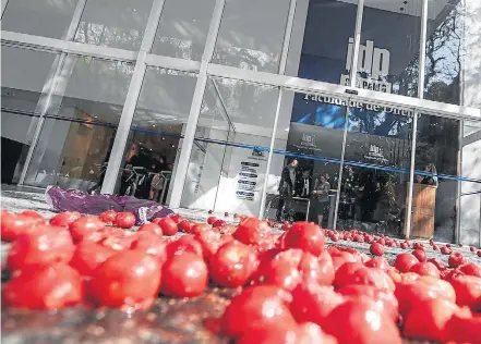  ?? SUAMY BEYDOUN/AGIF ?? ‘Tomataço’. Manifestan­tes jogaram tomates em frente ao prédio onde Gilmar e políticos participav­am de evento, ontem