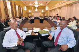  ?? /GCIS ?? Business as usual: President Jacob Zuma, left, Deputy President Cyril Ramaphosa, ministers and deputy ministers at Wednesday’s scheduled meeting of cabinet committees. The meetings take place on Tuesdays, Wednesdays and Thursdays to process matters...